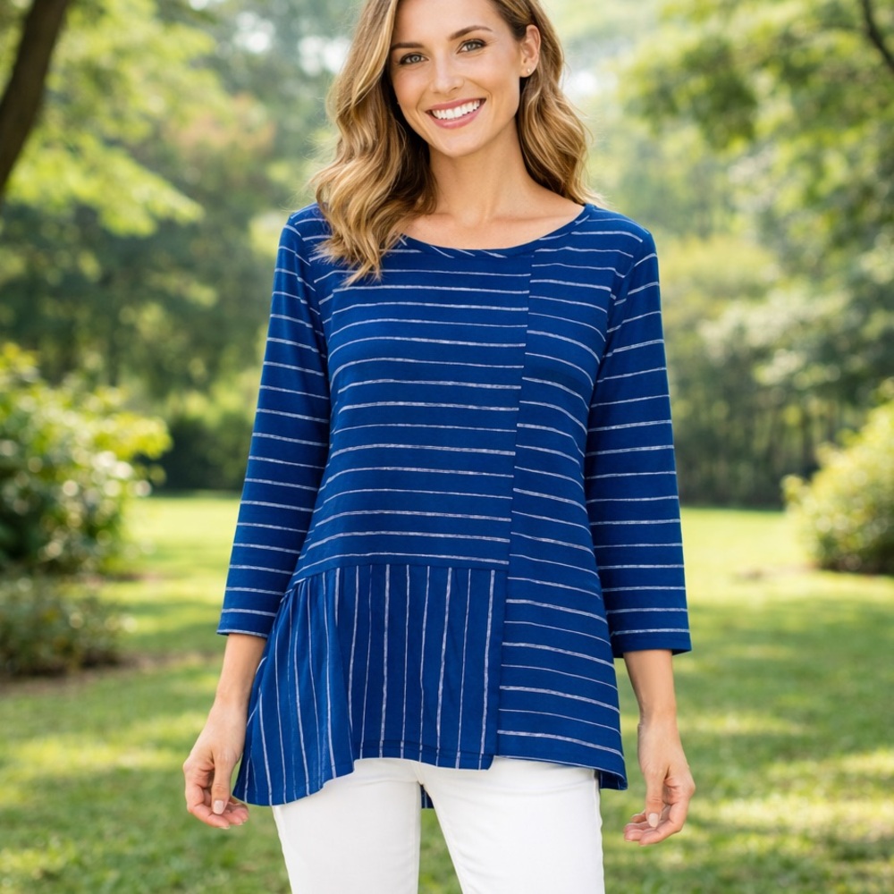 Habitat Womens Small Blue Stripe Tunic Top Asymmetrical Hem NWT Casual